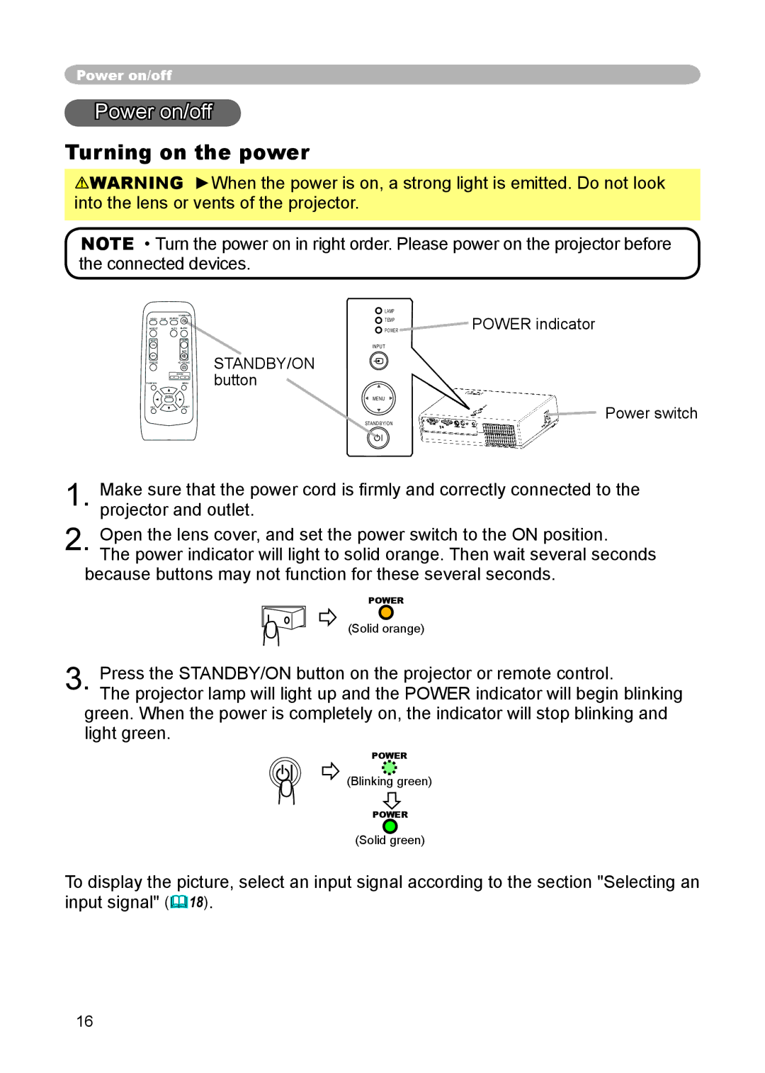 3M S15 manual Power on/off, Turning on the power 