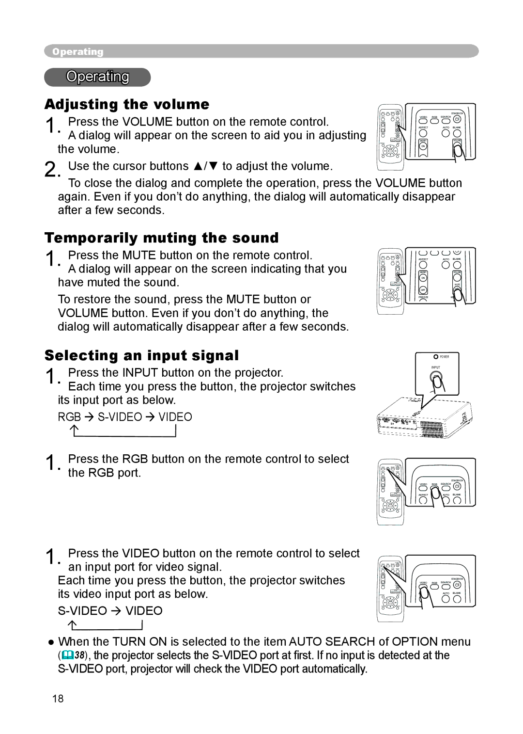 3M S15 manual Operating, Adjusting the volume, Temporarily muting the sound, Selecting an input signal 