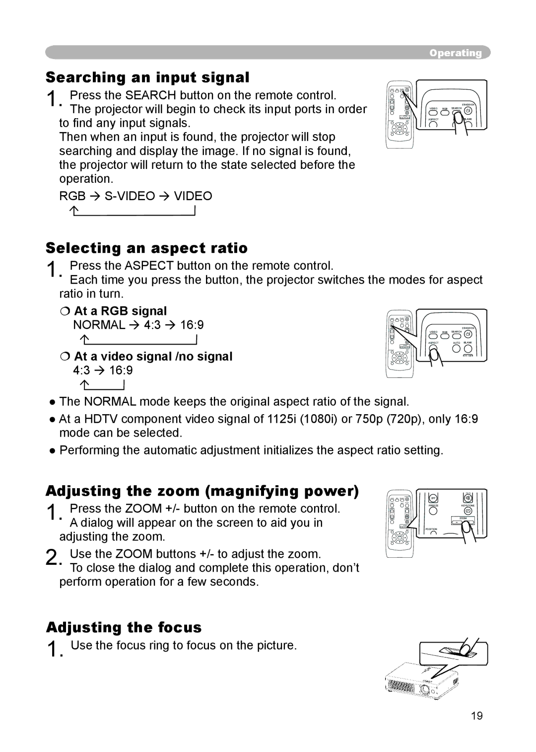 3M S15 Searching an input signal, Selecting an aspect ratio, Adjusting the zoom magnifying power, Adjusting the focus 