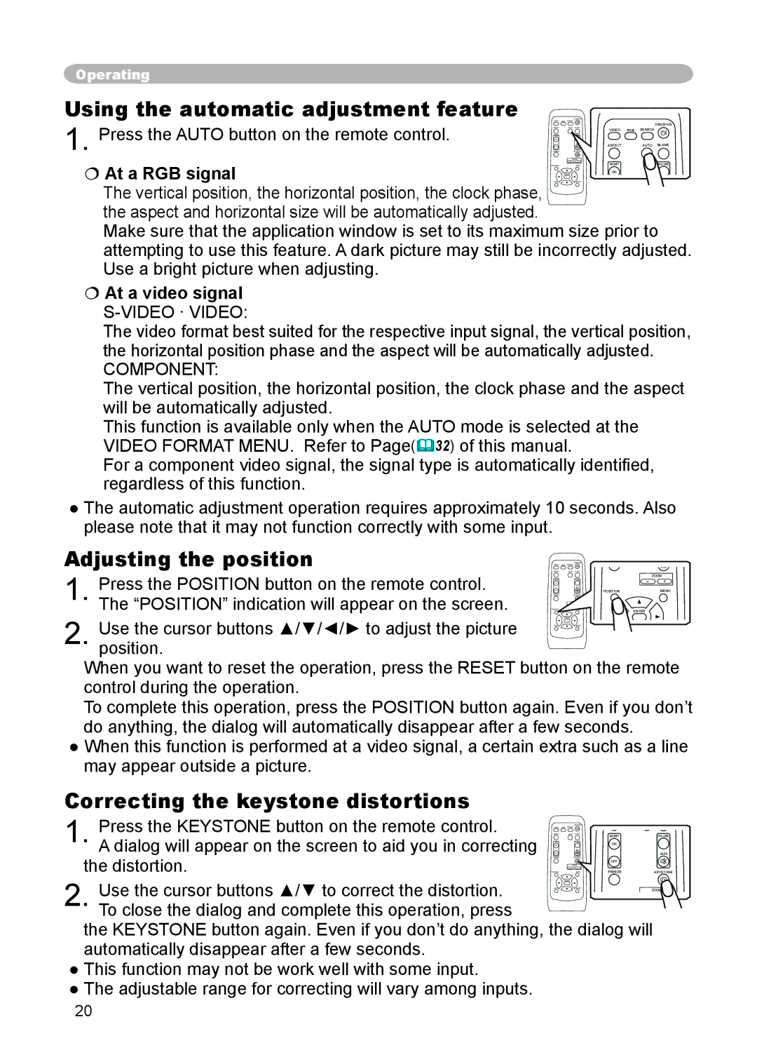 3M S15 manual Using the automatic adjustment feature, Adjusting the position, Correcting the keystone distortions 