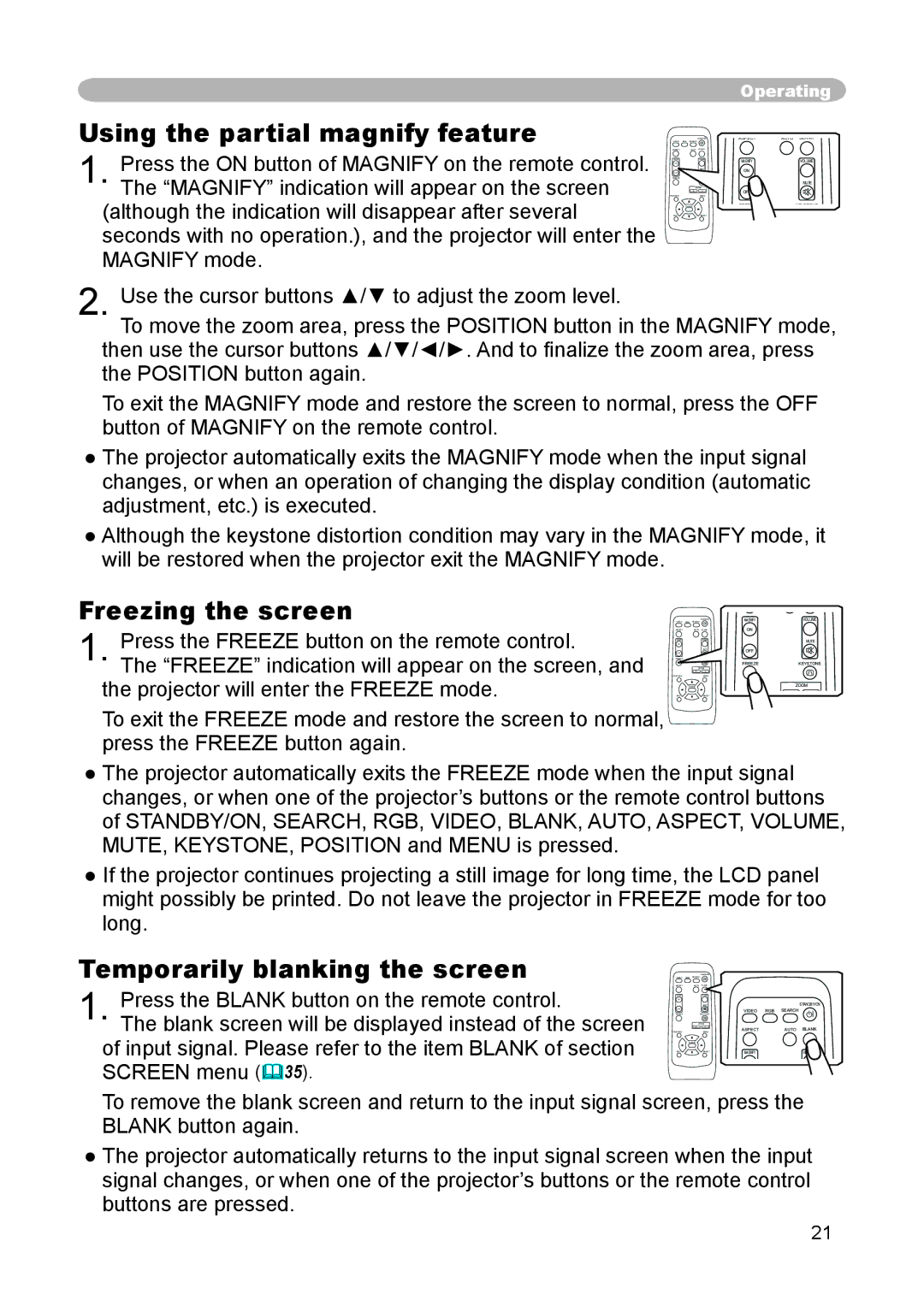 3M S15 manual Using the partial magnify feature, Freezing the screen, Temporarily blanking the screen 