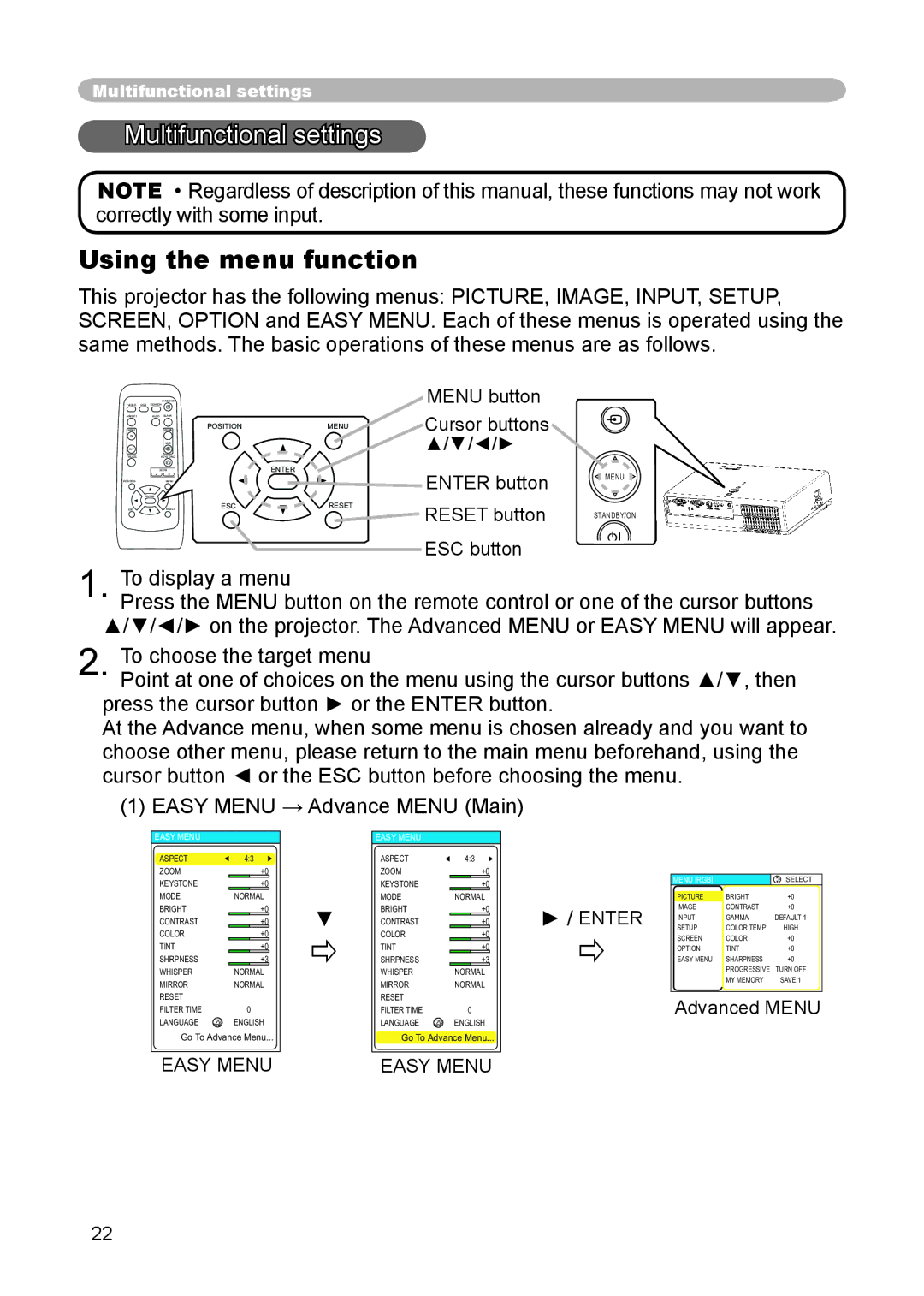 3M S15 manual Multifunctional settings, Using the menu function 