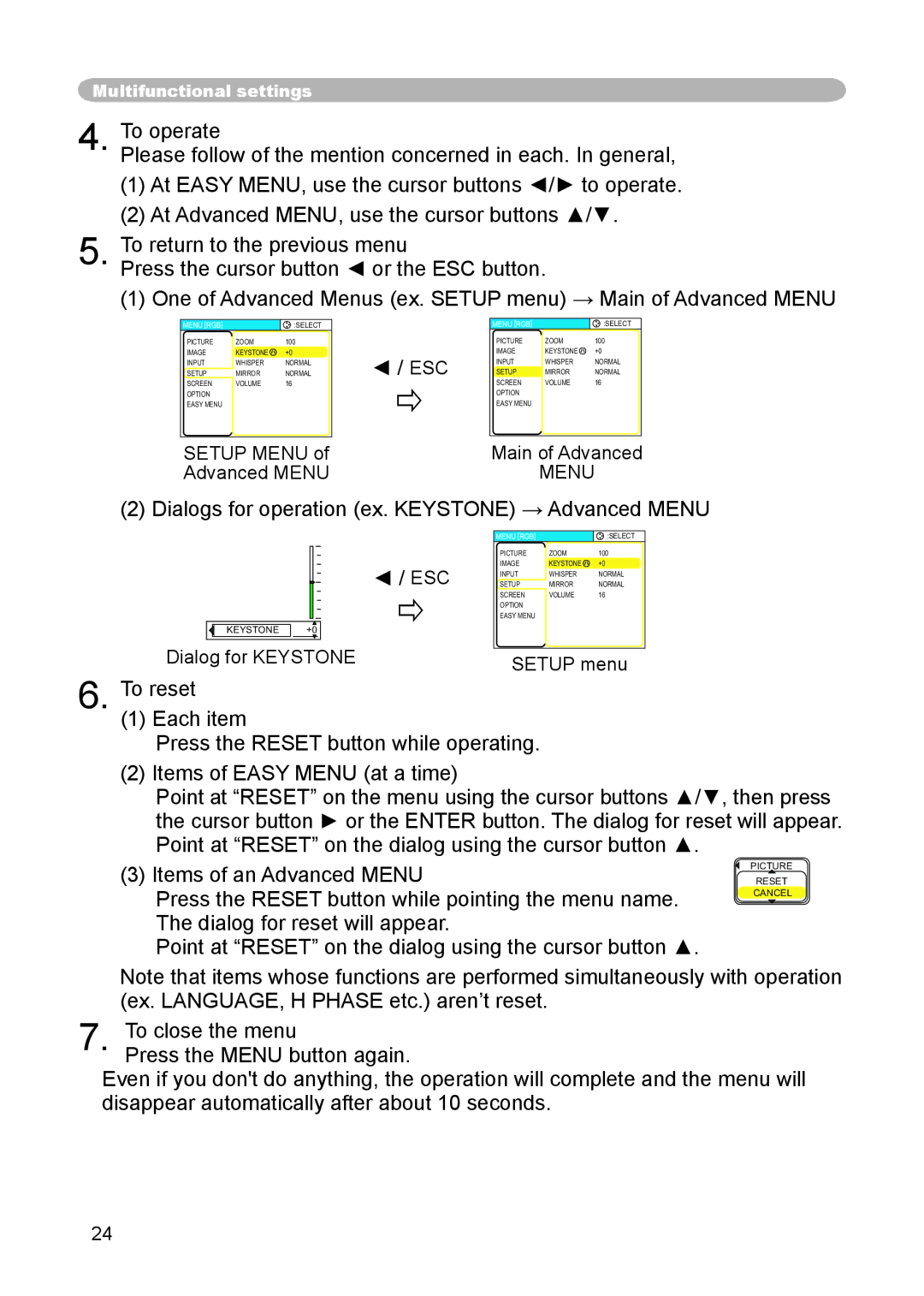 3M S15 manual Dialogs for operation ex. Keystone → Advanced Menu 