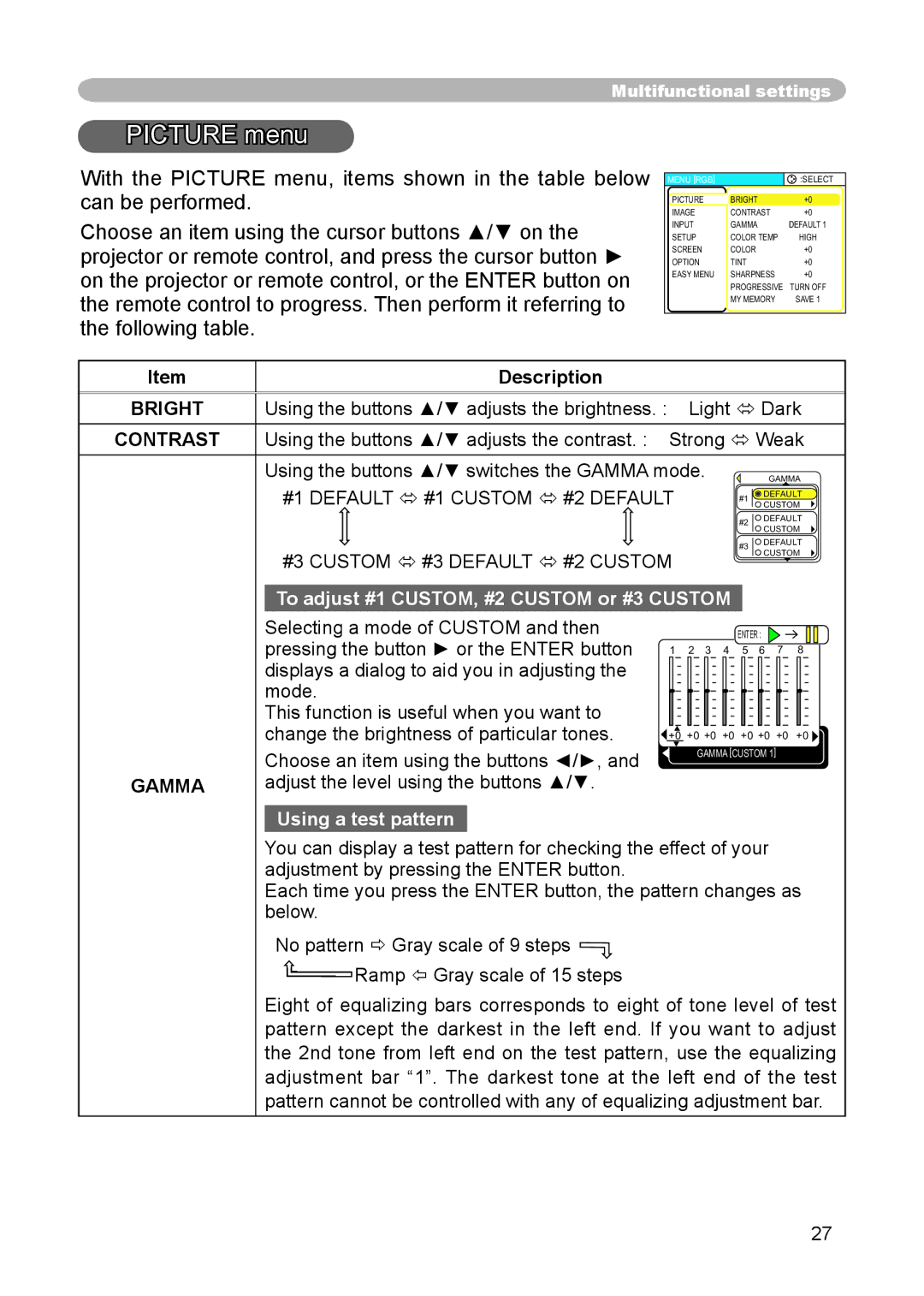 3M S15 manual Picture menu, #1 Default  #1 Custom  #2 Default, #3 Custom  #3 Default  #2 Custom, Gamma 