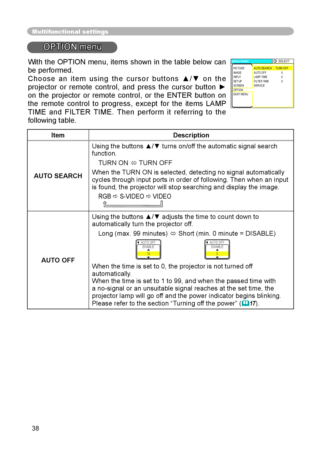 3M S15 manual Option menu, Auto Search Auto OFF, RGB  S-VIDEO  Video 