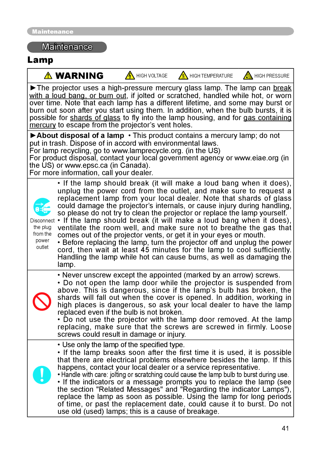 3M S15 manual Maintenance, Lamp 