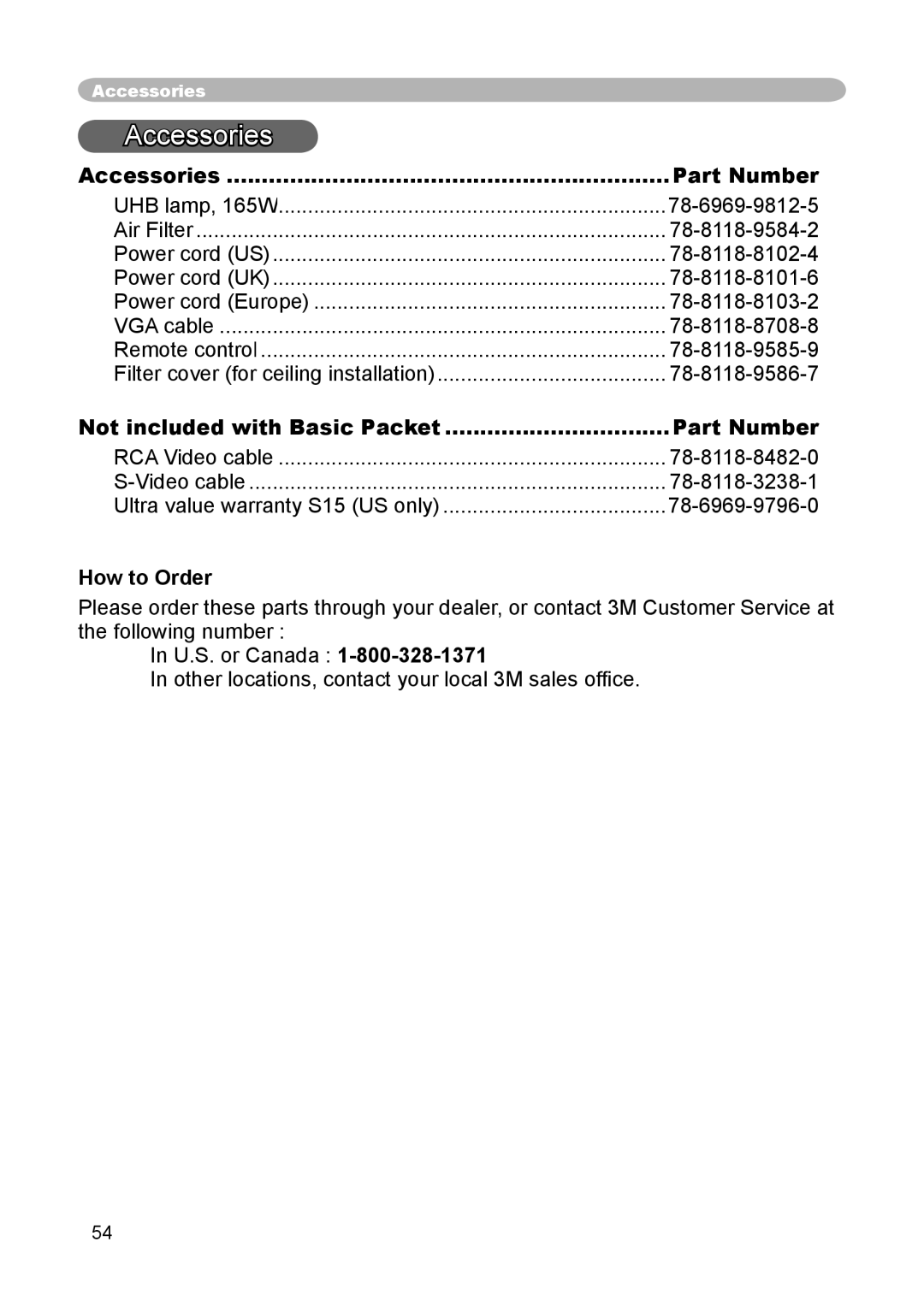 3M S15 manual Accessories Part Number, Not included with Basic Packet Part Number, How to Order 