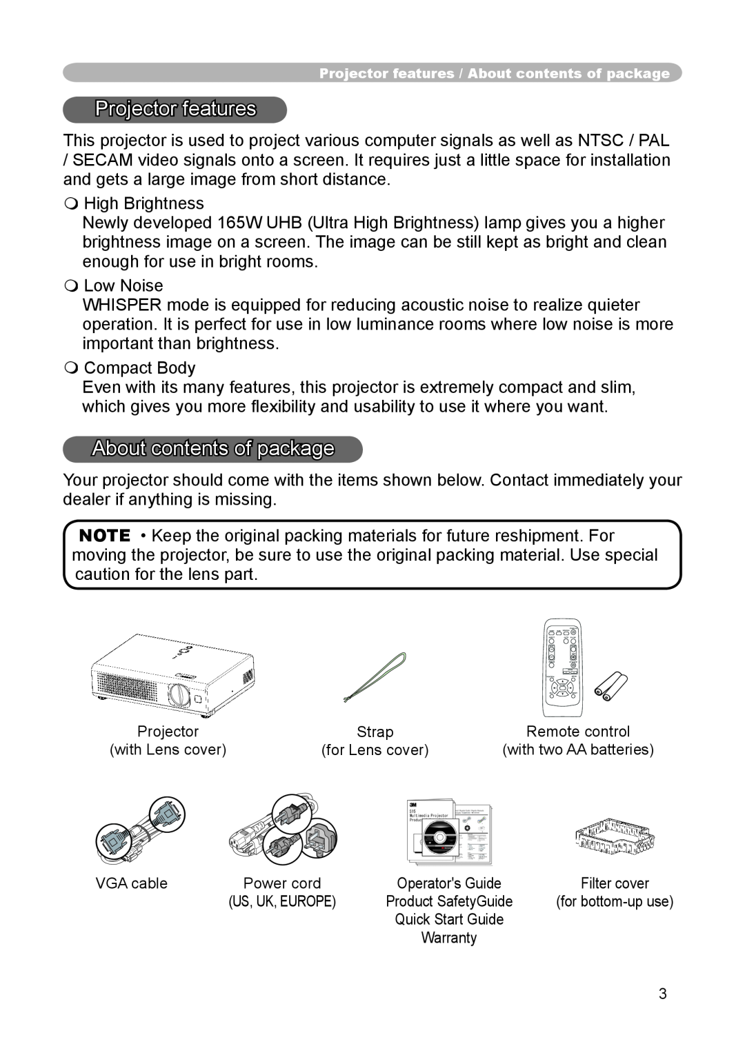 3M S15 manual Projector features, About contents of package 