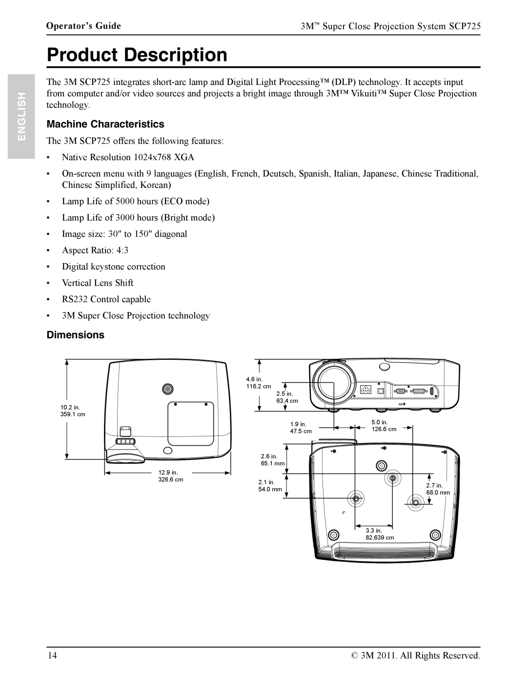 3M SCP725 manual Product Description, Machine Characteristics, Dimensions 