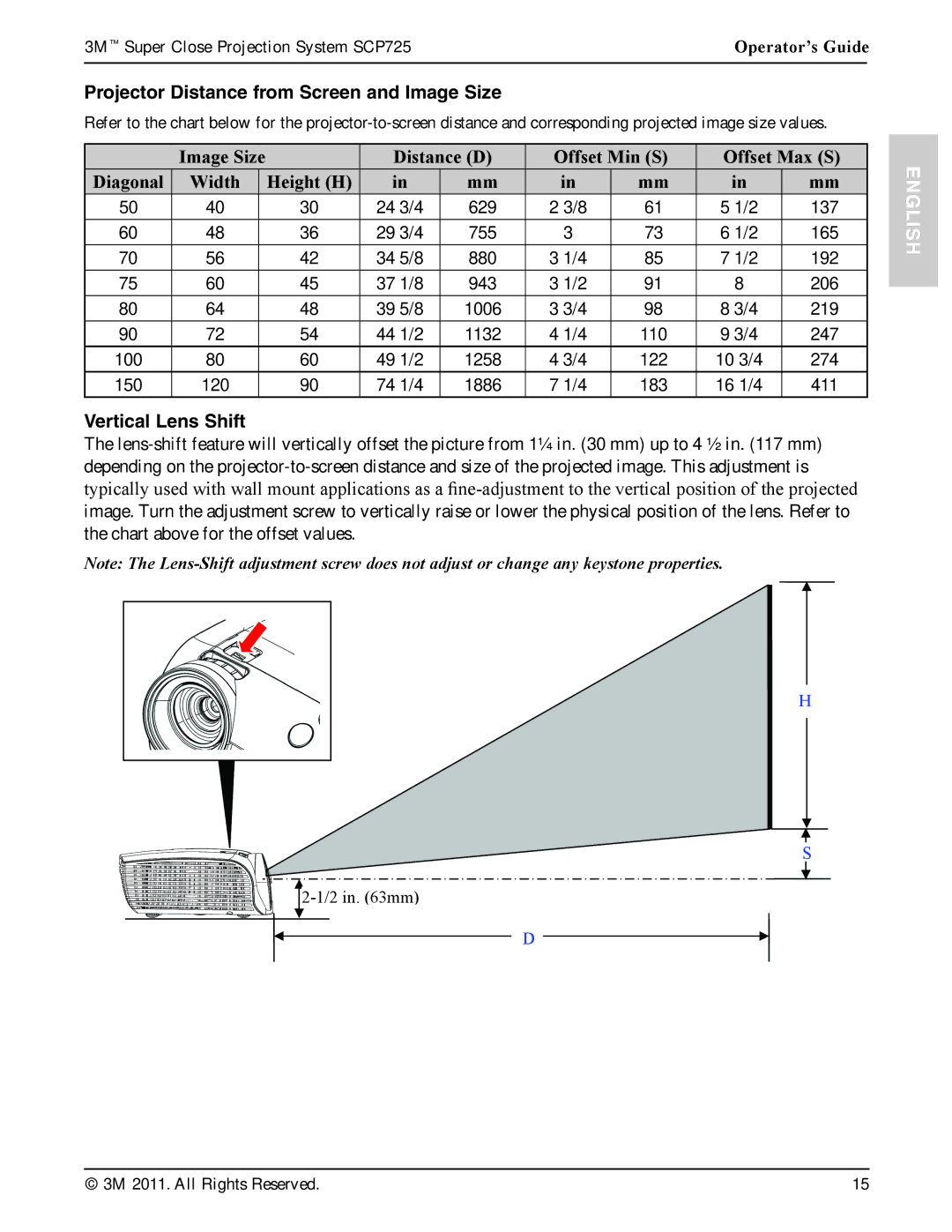 3M SCP725 manual Projector Distance from Screen and Image Size, Vertical Lens Shift 