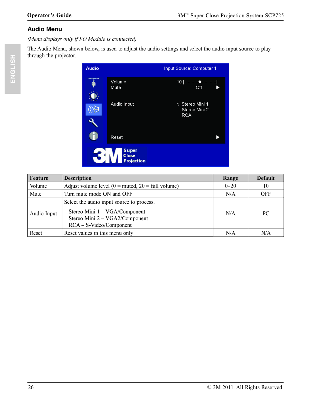 3M SCP725 manual Audio Menu, Default 