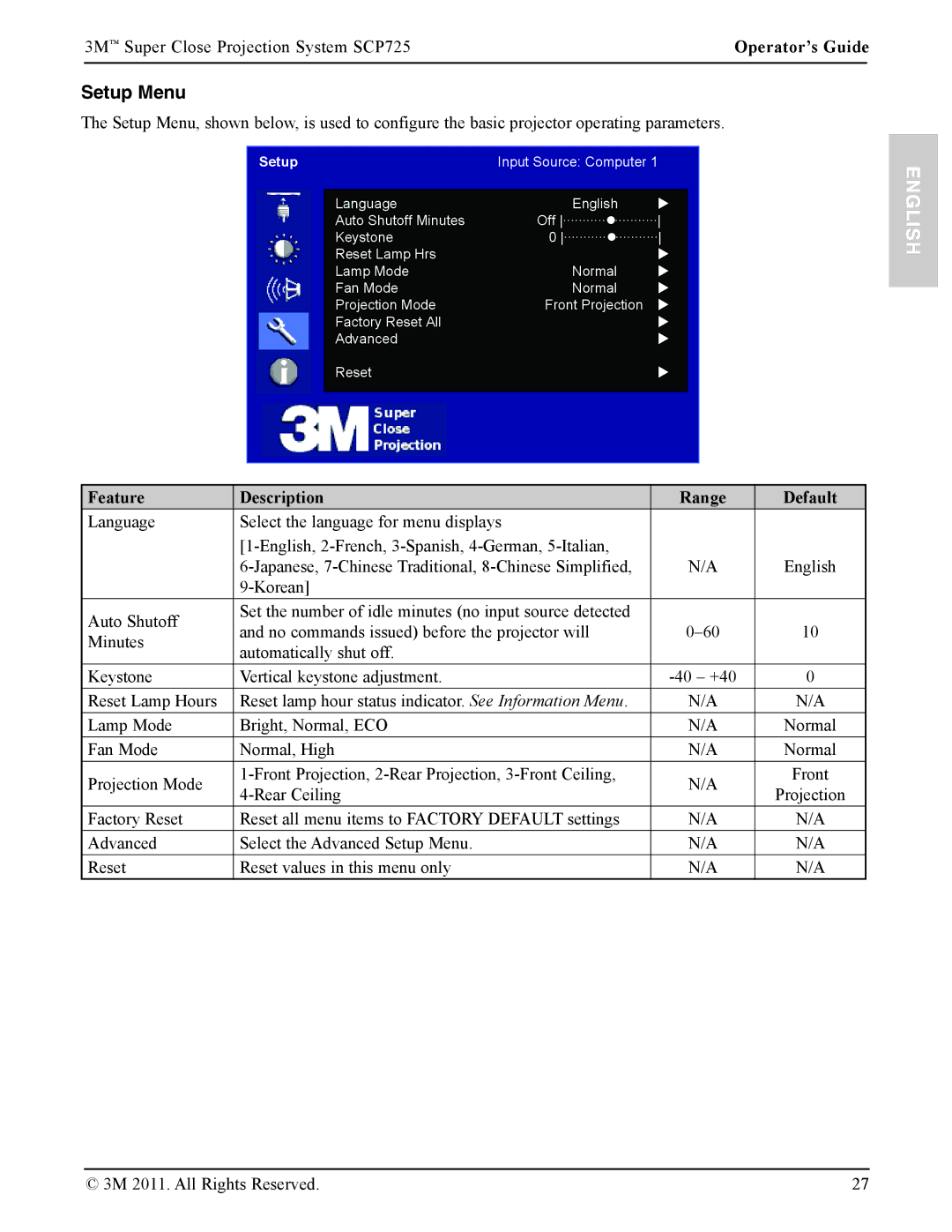 3M SCP725 manual Setup Menu, English 