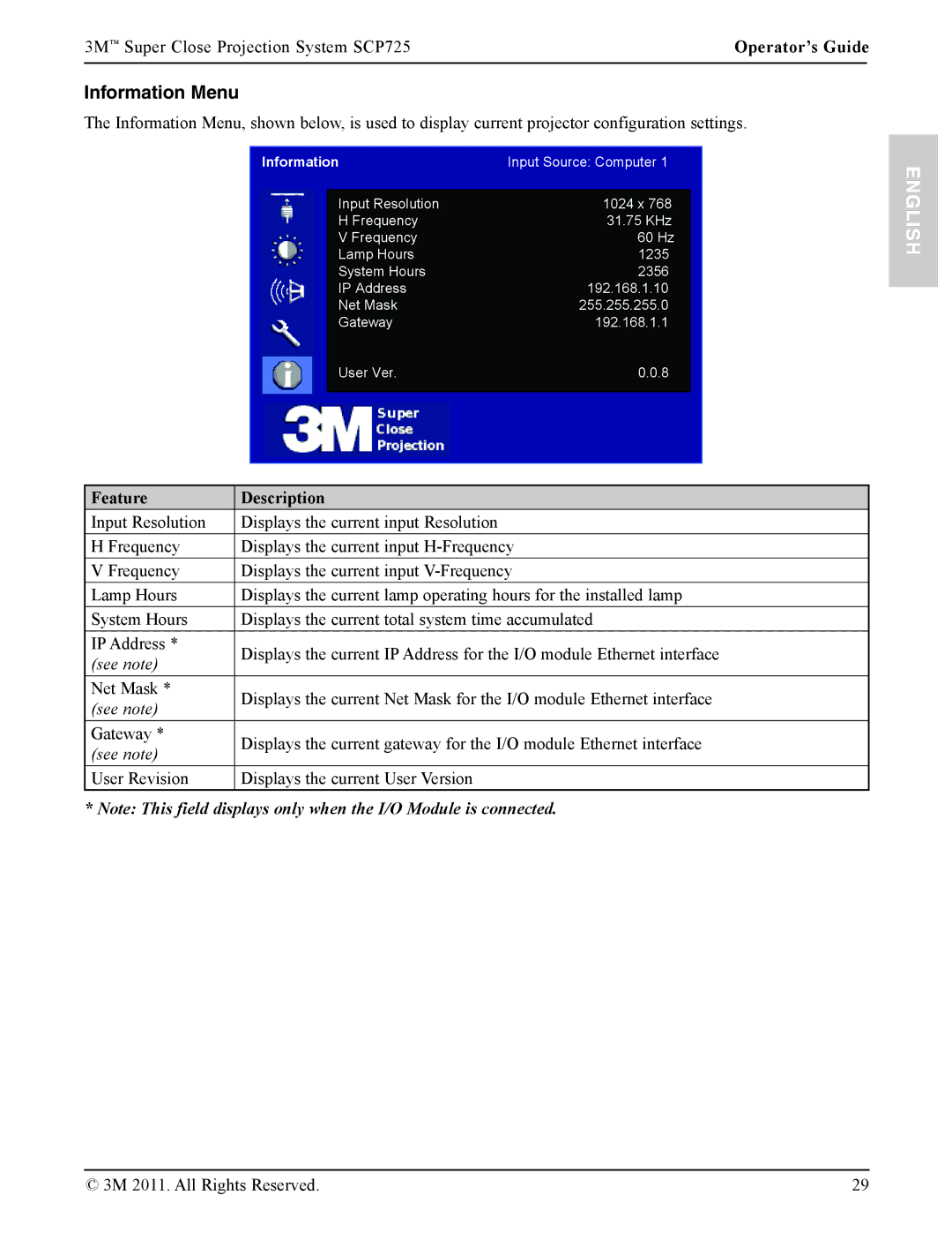 3M SCP725 manual Information Menu 