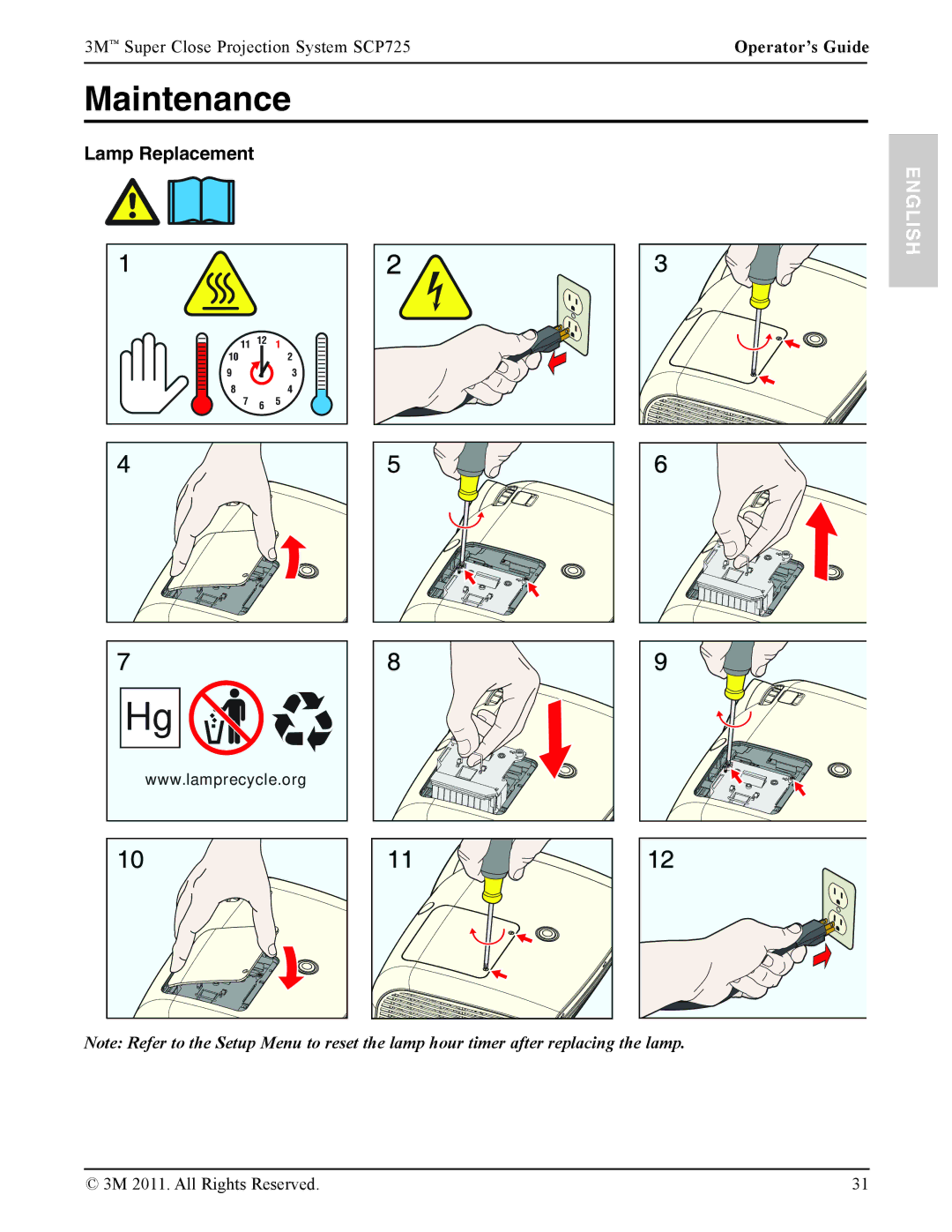 3M SCP725 manual Maintenance, Lamp Replacement 