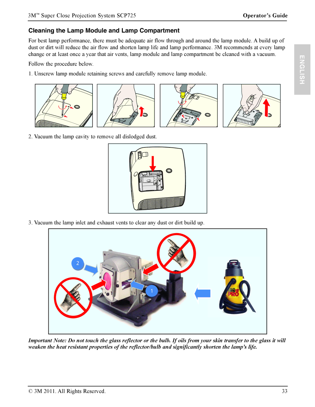 3M SCP725 manual Cleaning the Lamp Module and Lamp Compartment 