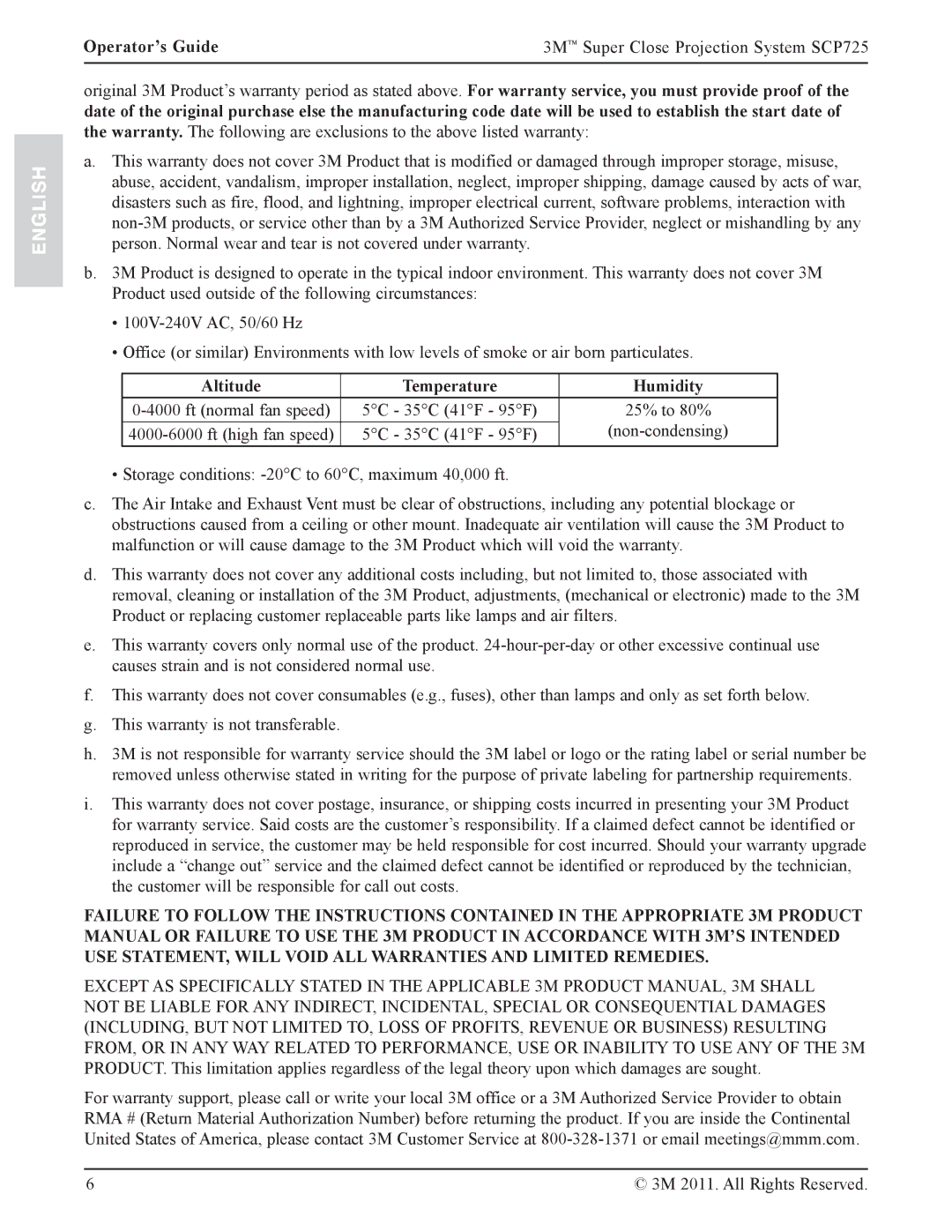 3M SCP725 manual Humidity 