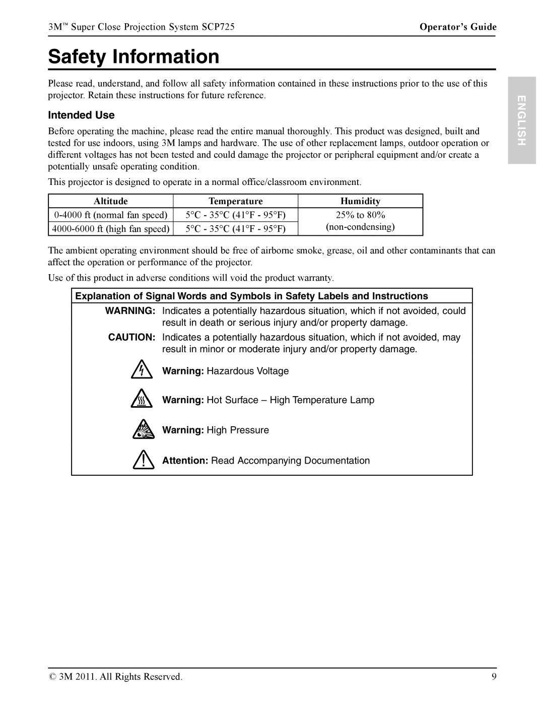 3M SCP725 manual Safety Information, Intended Use 