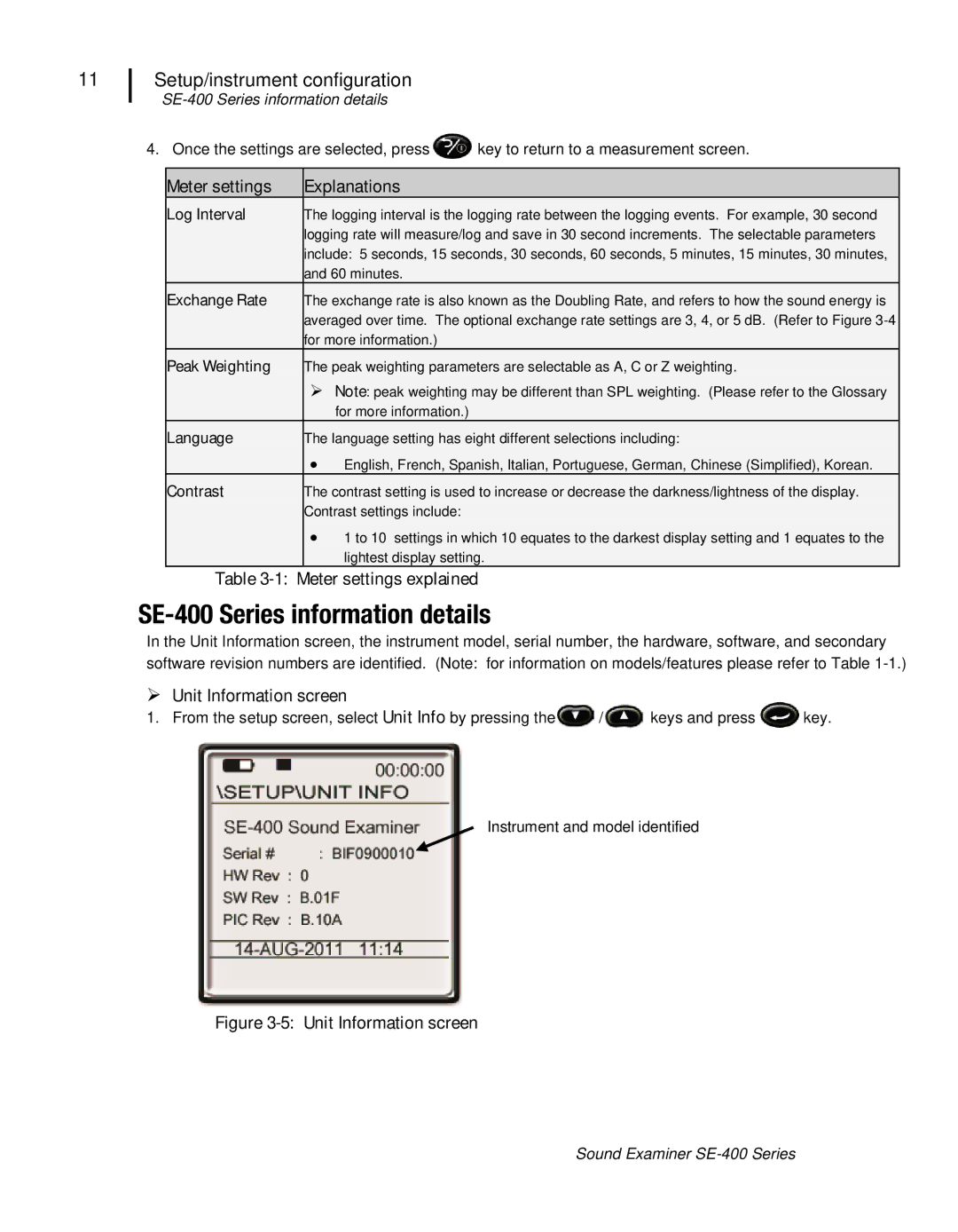 3M SE-400 Series information details, Meter settings Explanations, Meter settings explained,  Unit Information screen 