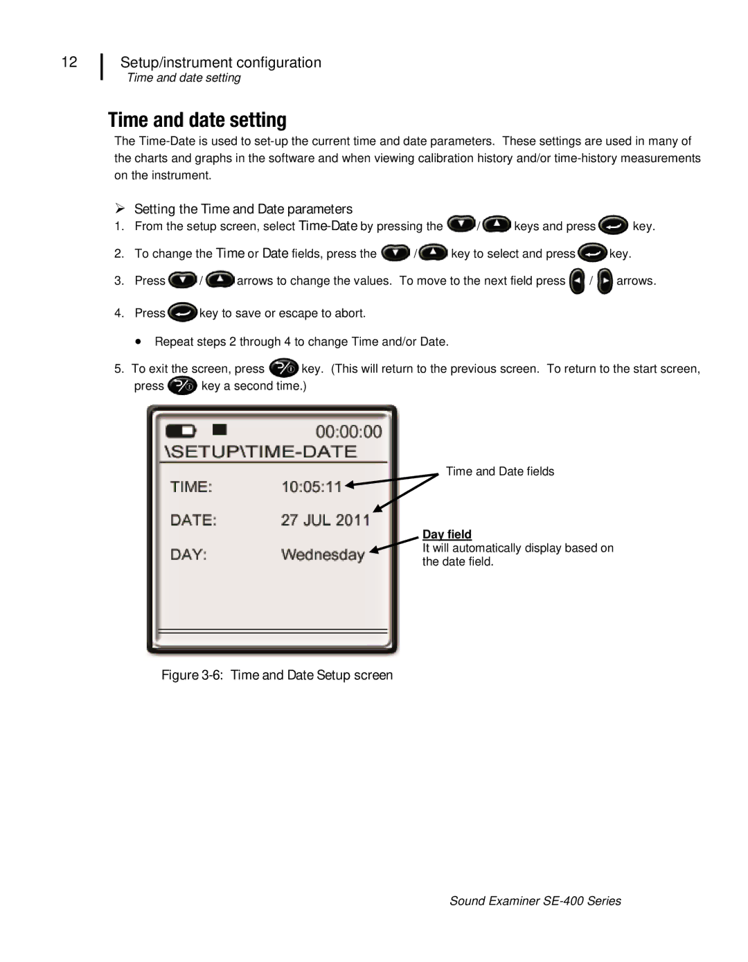 3M SE-400 user manual Time and date setting,  Setting the Time and Date parameters 