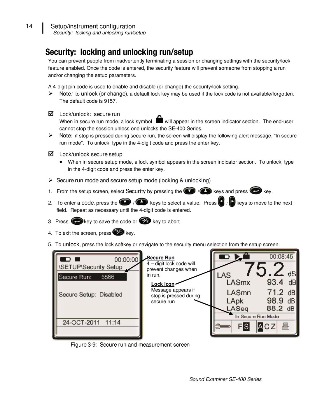 3M SE-400 user manual Security locking and unlocking run/setup,  Lock/unlock secure run,  Lock/unlock secure setup 