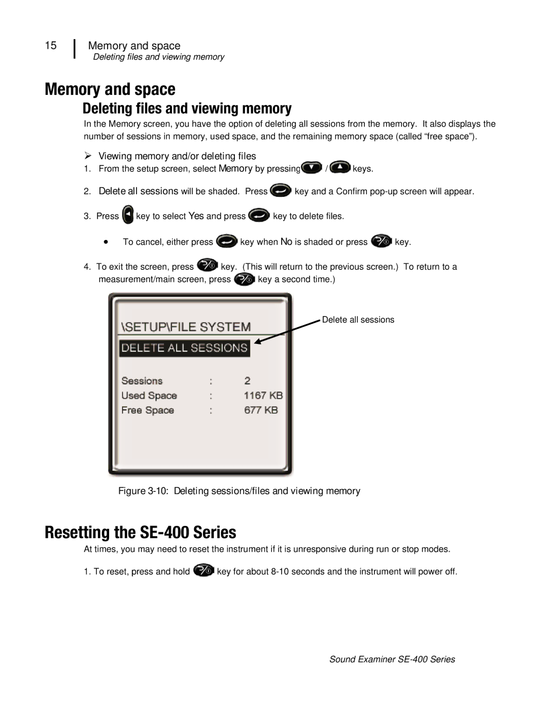 3M user manual Memory and space, Resetting the SE-400 Series, Deleting files and viewing memory 