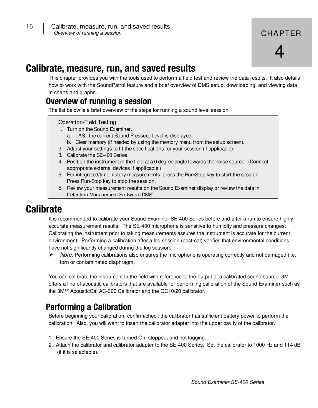 3M SE-400 user manual Calibrate, measure, run, and saved results, Overview of running a session, Performing a Calibration 