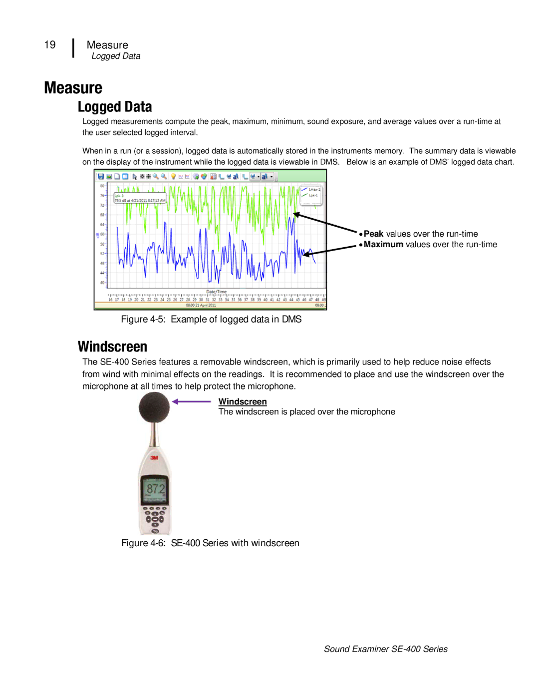 3M SE-400 user manual Measure, Logged Data, Windscreen 