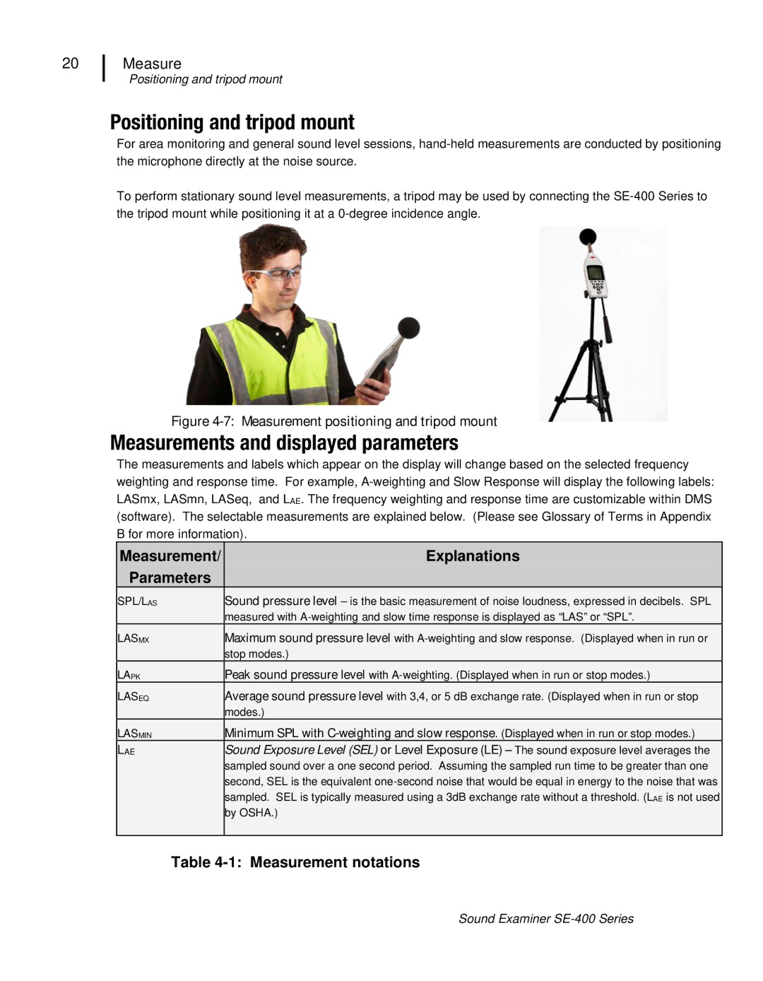 3M SE-400 Positioning and tripod mount, Measurements and displayed parameters, Measurement Explanations Parameters 