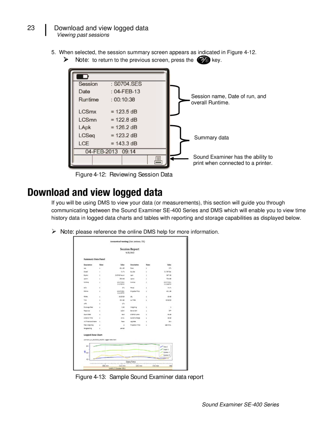 3M SE-400 user manual Download and view logged data, Reviewing Session Data 