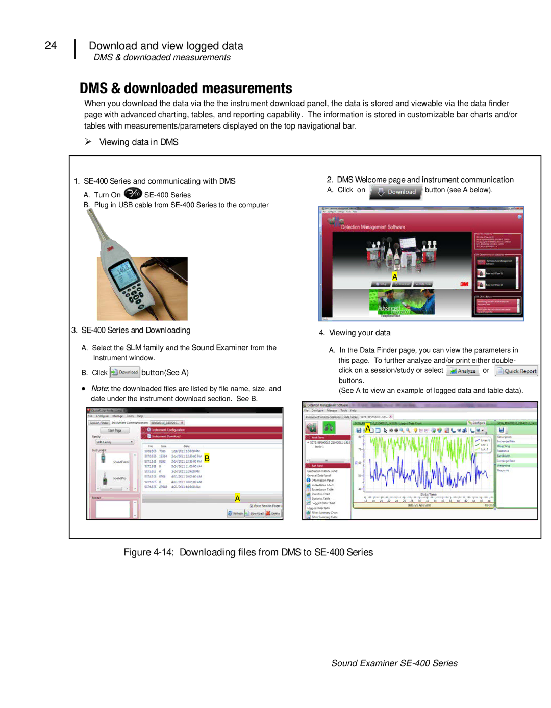 3M user manual DMS & downloaded measurements, Downloading files from DMS to SE-400 Series 