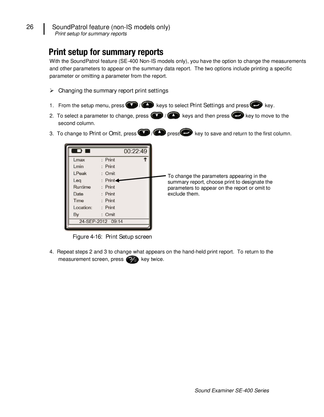 3M SE-400 user manual Print setup for summary reports,  Changing the summary report print settings 