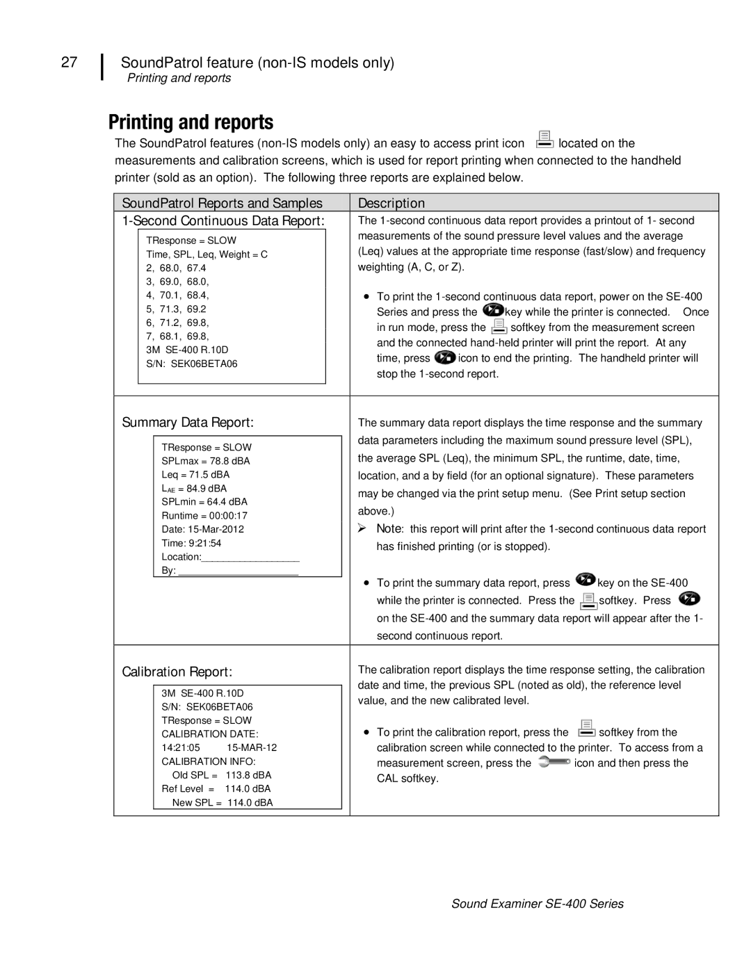 3M SE-400 user manual Printing and reports, Summary Data Report, Calibration Report 