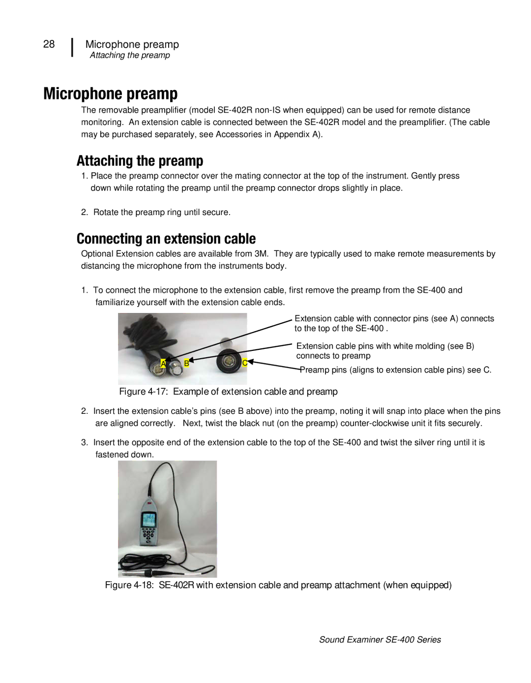 3M SE-400 user manual Microphone preamp, Attaching the preamp, Connecting an extension cable 