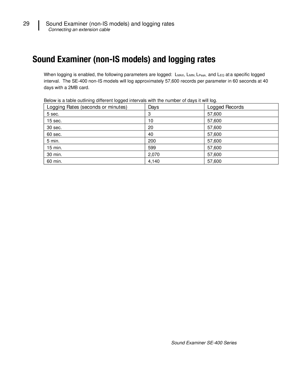 3M SE-400 user manual Sound Examiner non-IS models and logging rates, Logging Rates seconds or minutes Days 