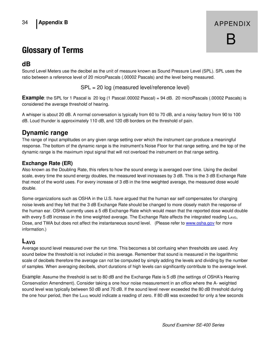 3M SE-400 user manual Glossary of Terms, Appendix B, Exchange Rate ER 