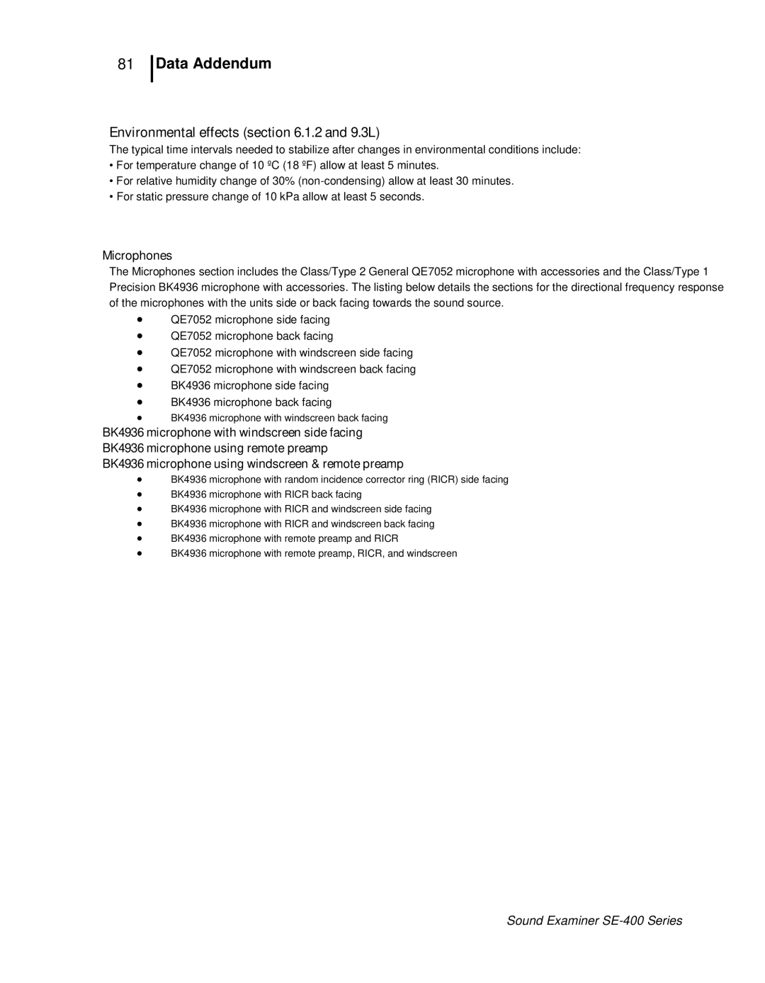 3M SE-400 user manual Data Addendum Environmental effects .1.2 and 9.3L, Microphones 