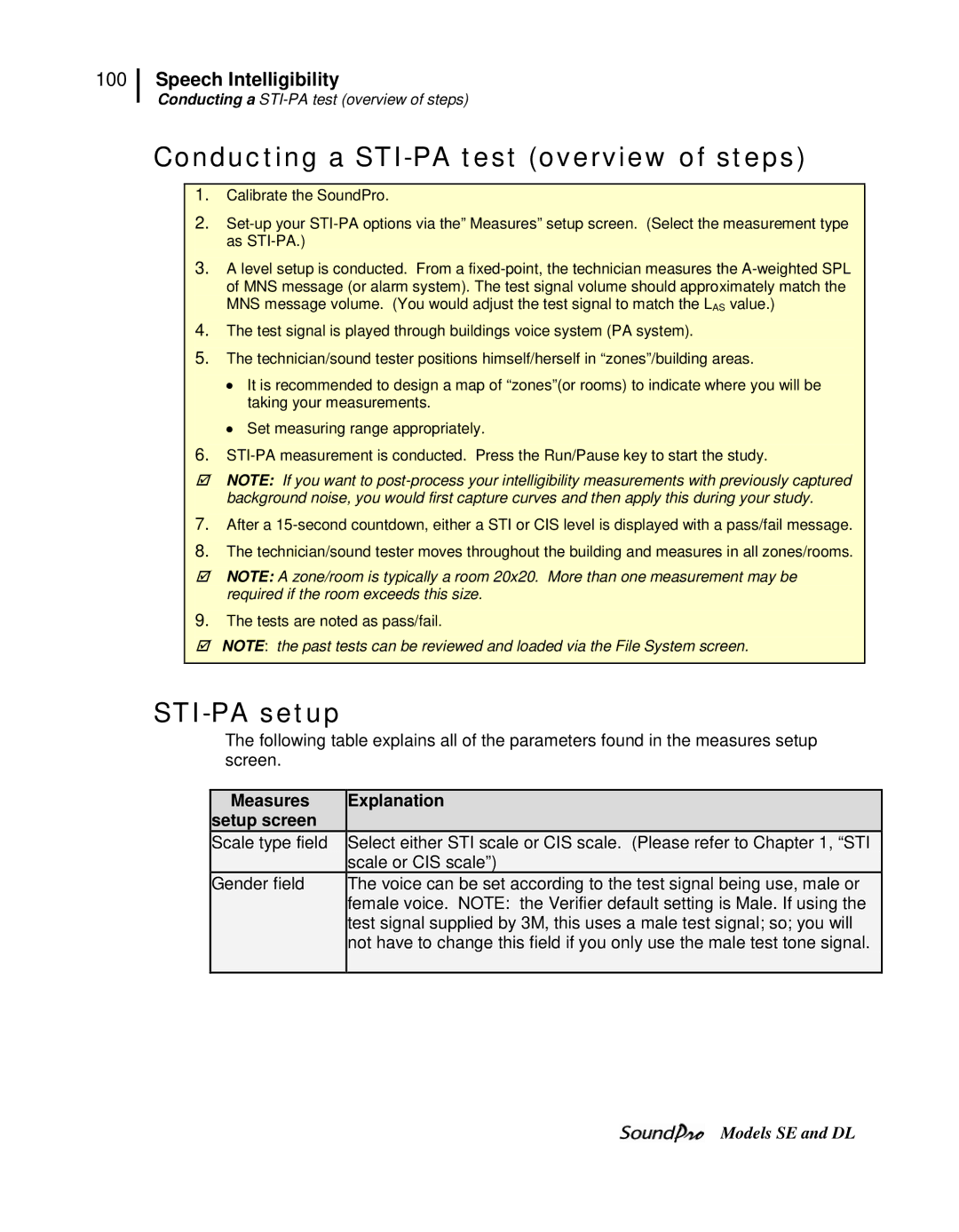 3M DL, SE user manual Conducting a STI-PA test overview of steps, STI-PA setup, Measures Explanation Setup screen 