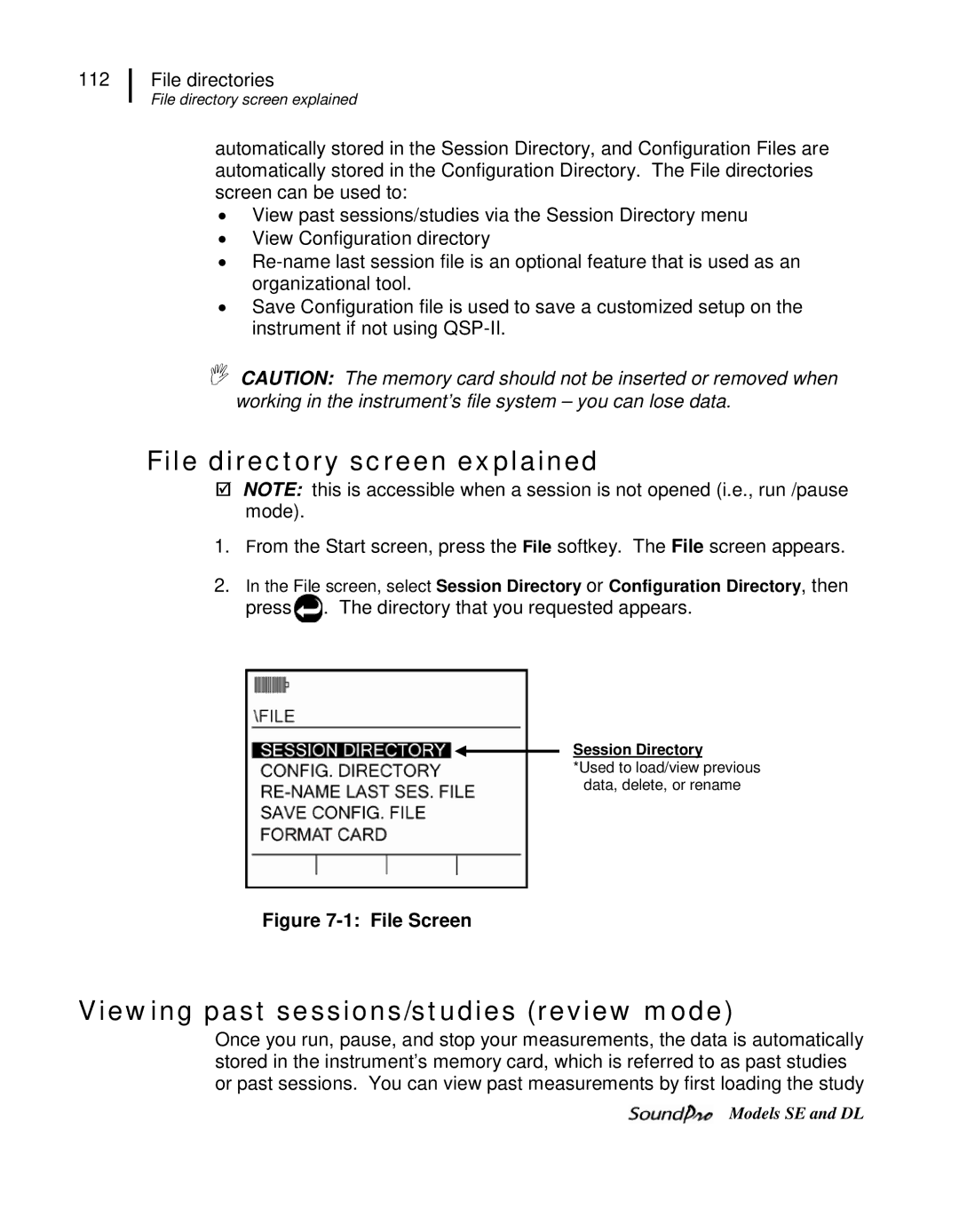 3M DL, SE user manual File directory screen explained, Viewing past sessions/studies review mode, Session Directory 