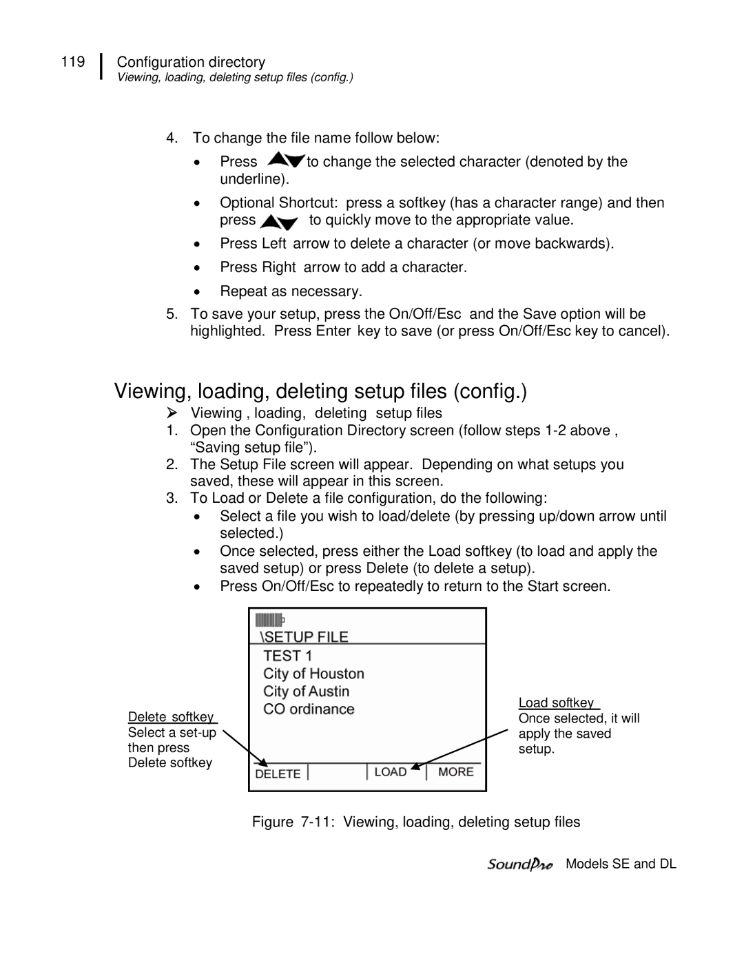 3M SE Viewing, loading, deleting setup files config,  Viewing, loading, deleting setup files, Delete softkey Load softkey 