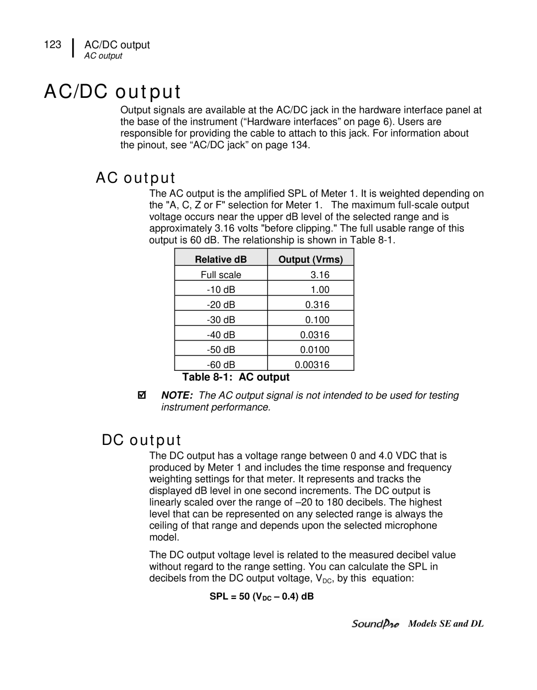 3M SE, DL user manual AC/DC output, AC output 