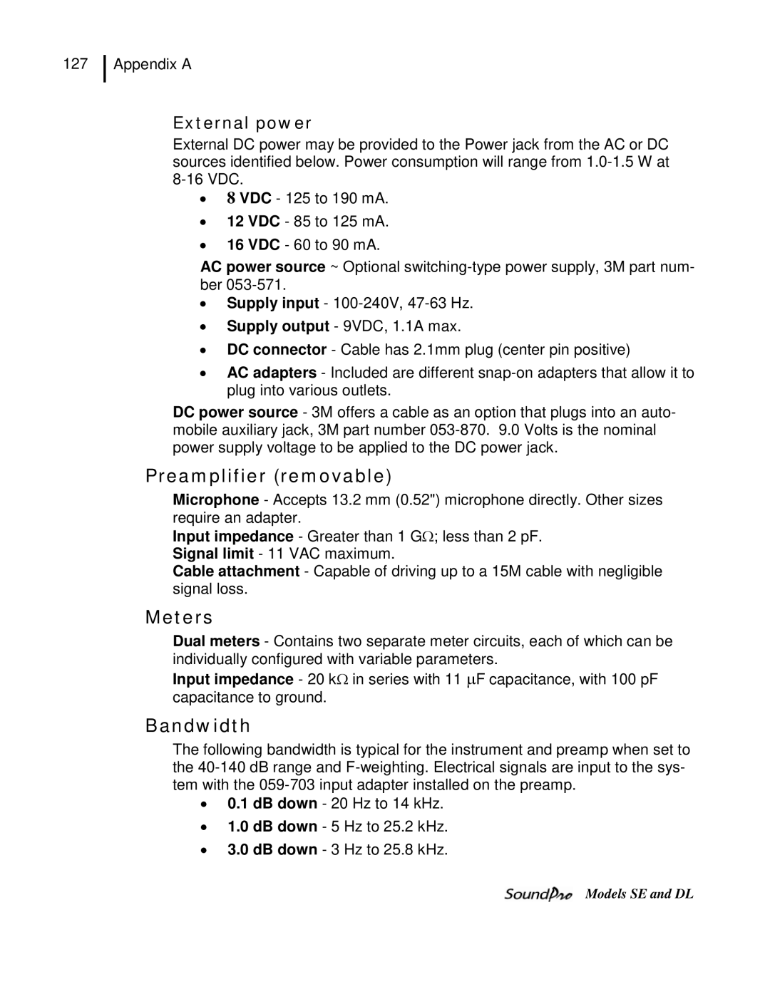 3M SE, DL user manual Preamplifier removable, Meters, Bandwidth 