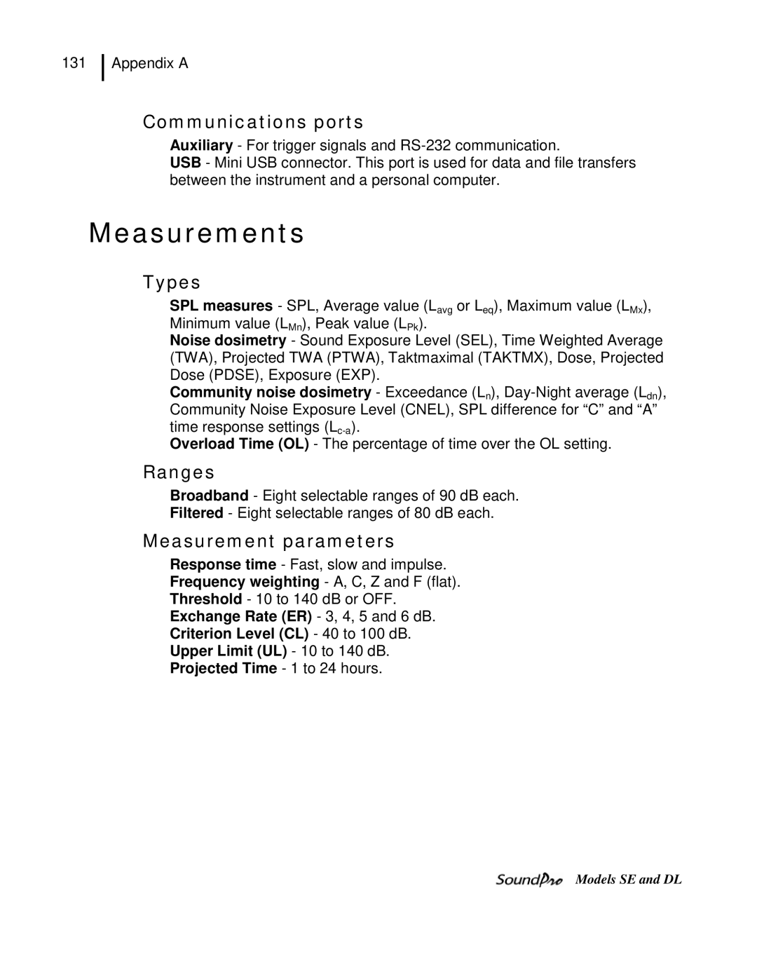 3M SE, DL user manual Measurements, Communications ports, Types, Ranges, Measurement parameters 