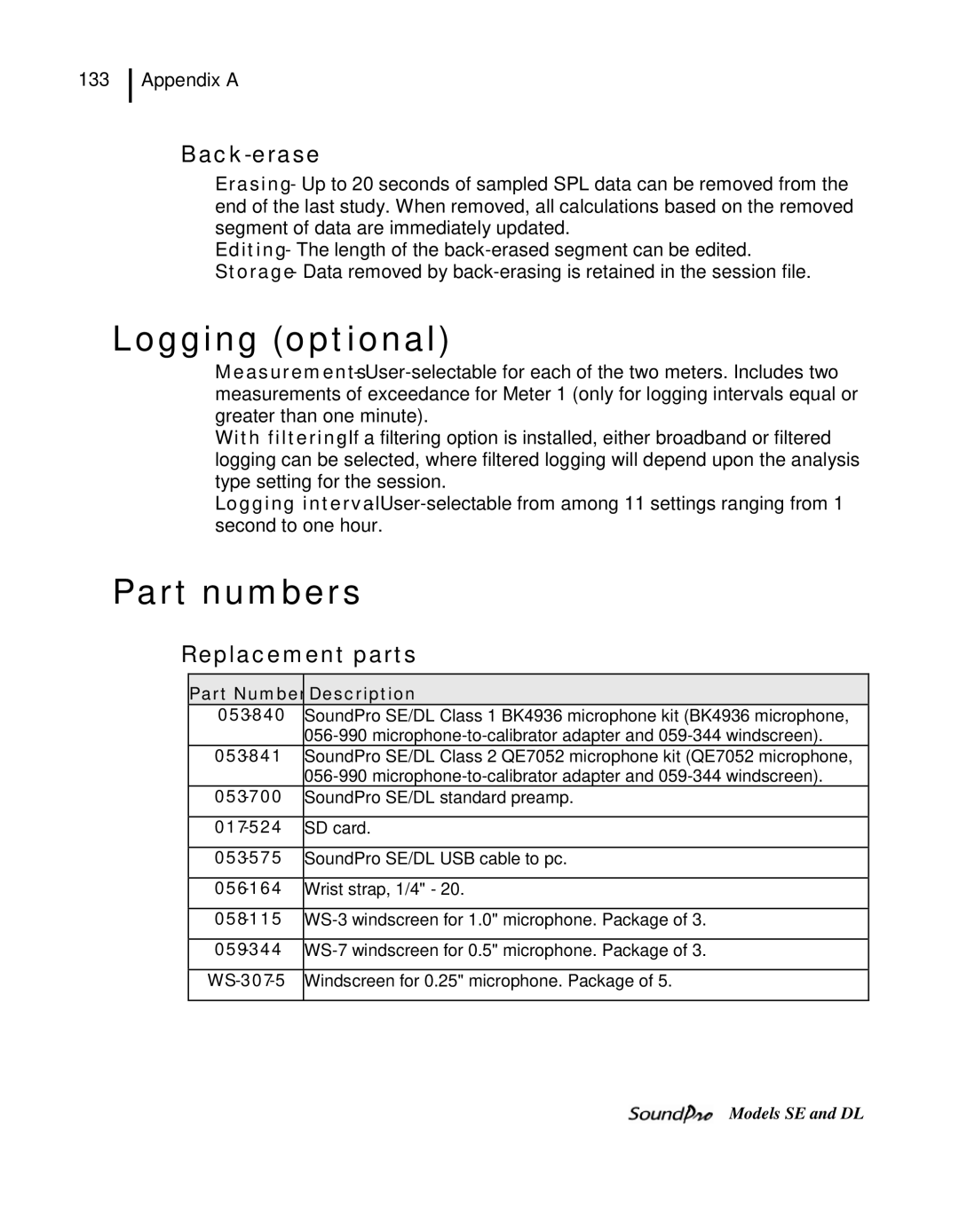 3M SE, DL user manual Logging optional, Part numbers, Back-erase, Replacement parts, Part Number Description 053-840 