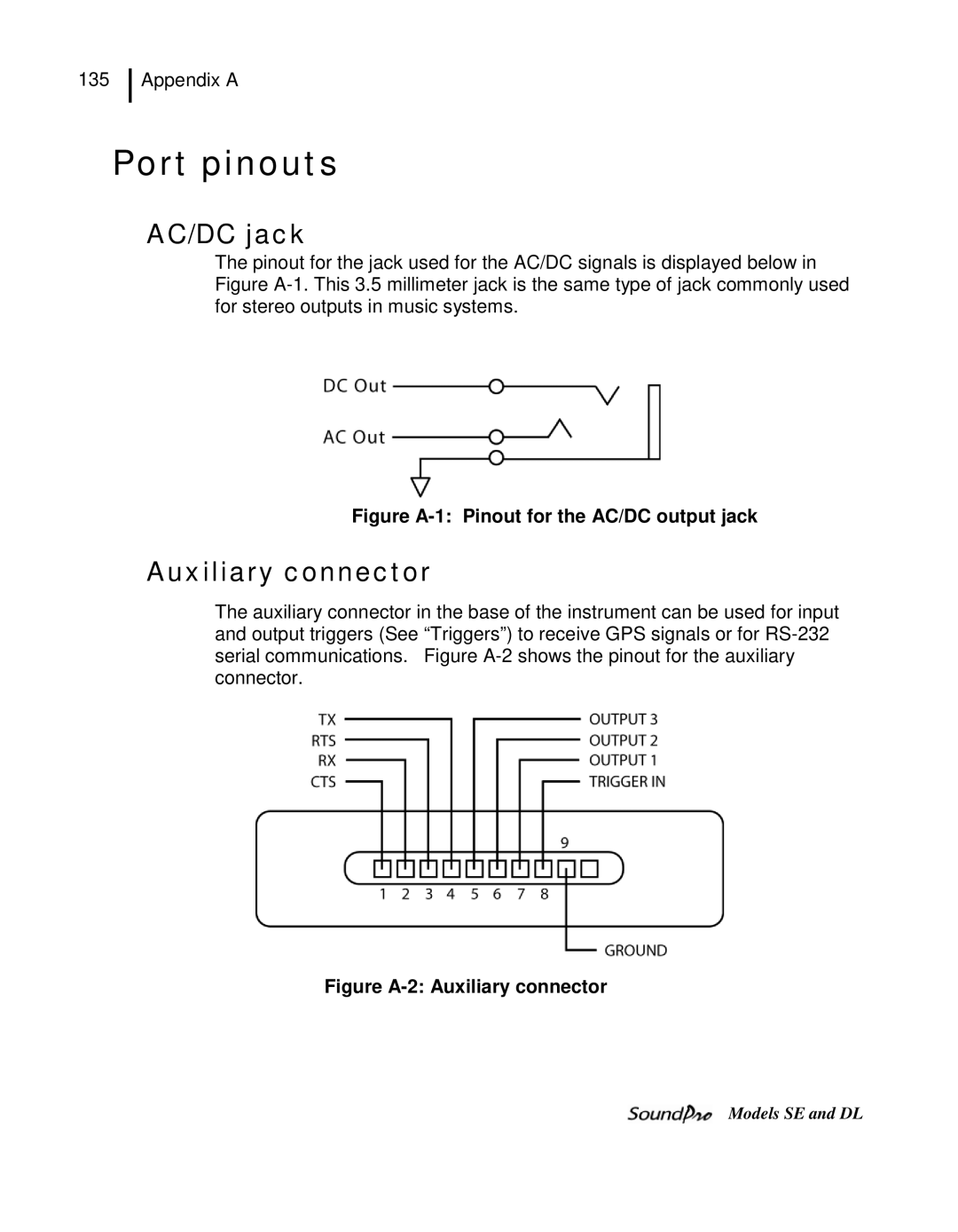 3M SE, DL user manual Port pinouts, AC/DC jack, Auxiliary connector 