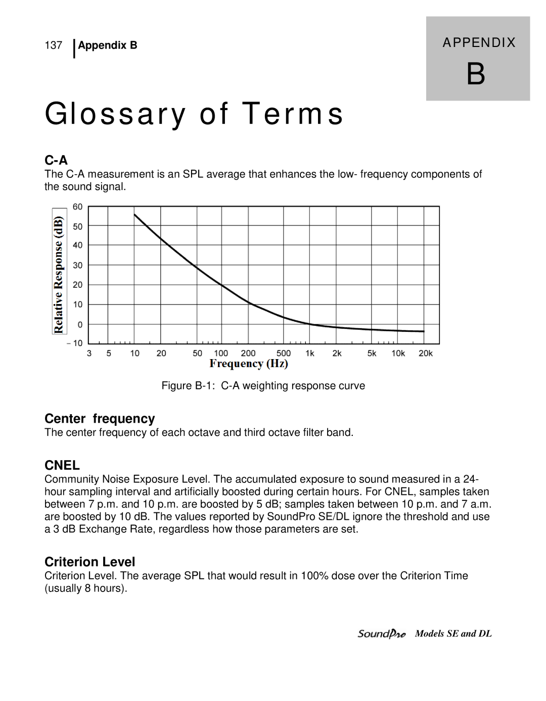 3M SE, DL user manual Center frequency, Criterion Level, Appendix B 