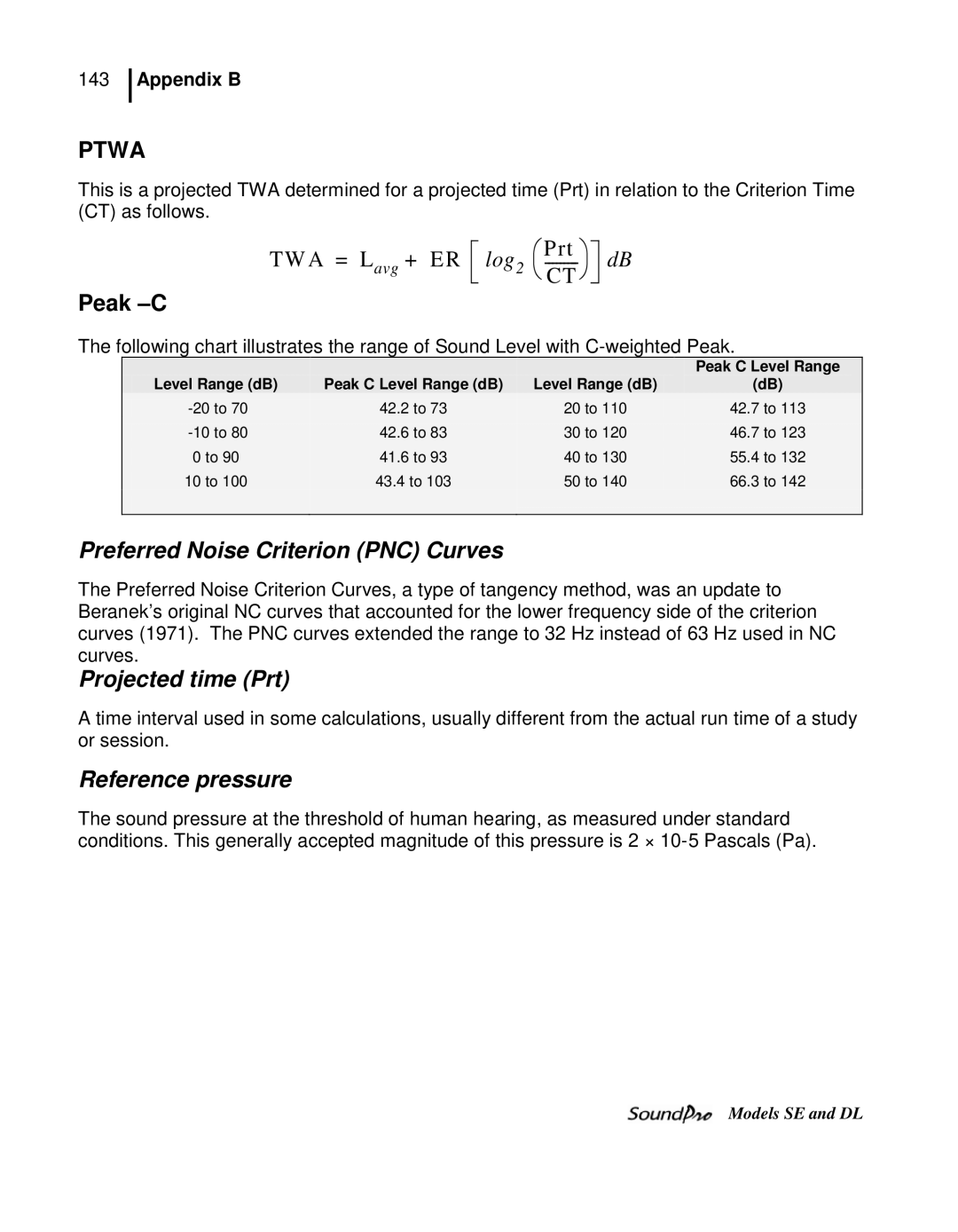 3M SE, DL user manual Peak -C, Level Range dB Peak C Level Range dB 