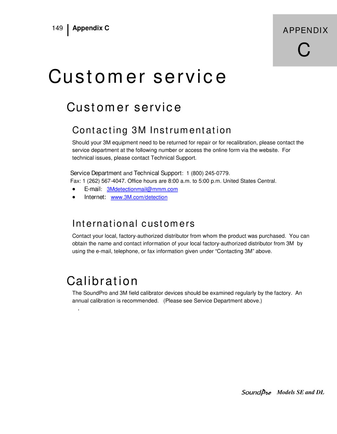 3M SE, DL user manual Customer service, Contacting 3M Instrumentation, International customers, Appendix C 