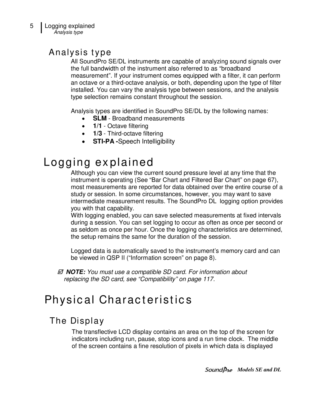 3M SE, DL user manual Logging explained, Physical Characteristics, Analysis type, Display 