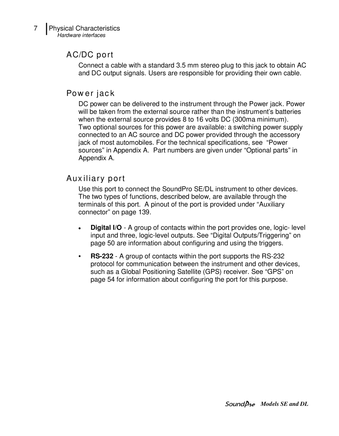 3M SE, DL user manual AC/DC port, Power jack, Auxiliary port 