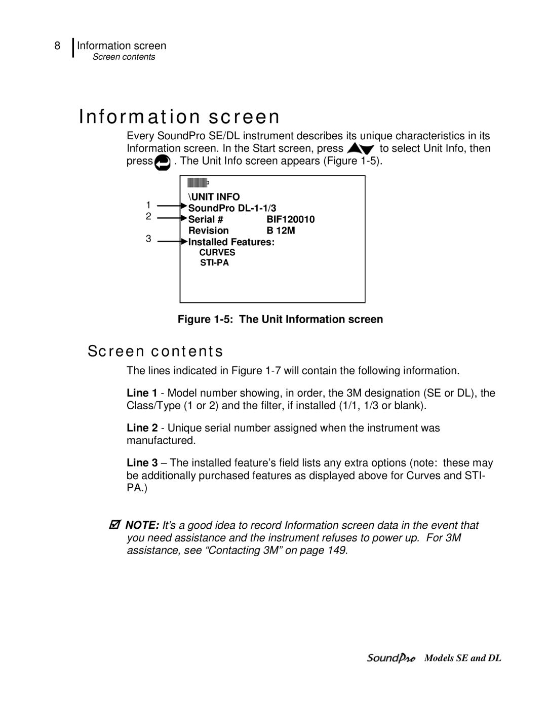 3M DL, SE user manual Information screen, Screen contents 